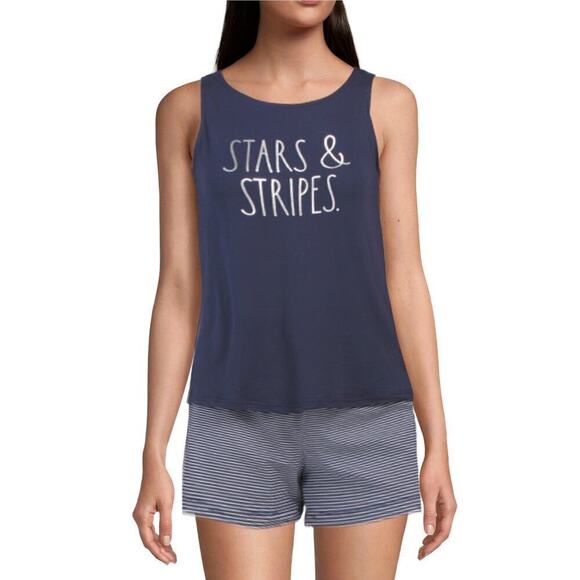 New! Rae Dunn Women's 2-Pc Ultra Soft Stars & Stripes Tee and Shorts Pajama Set - Picture 1 of 4